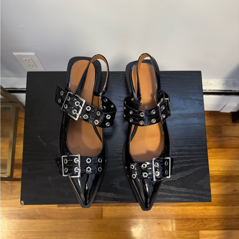 Women's Black Patent Pointed Slingback Mules with Buckle Straps